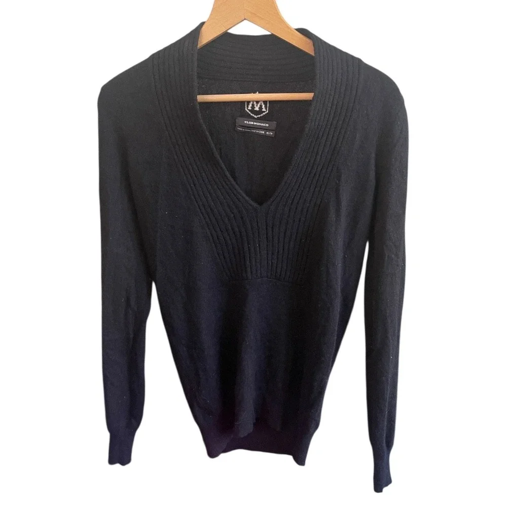 Club Monaco Ralph Lauren Black Cashmere V-Neck Pullover Sweater XS‎